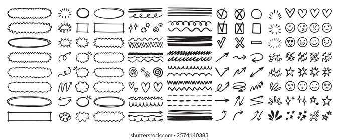 doodle underline emphasis scribble elements line hand drawn set. doodle brush shapes stroke highlight sparkle and arrow elements. childish drawing kids style. Vector illustration
