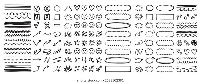 doodle underline emphasis scribble elements line hand drawn set. doodle brush shapes stroke highlight sparkle and arrow elements. childish drawing kids style. Vector illustration