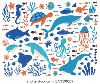 Doodle underwater animals. Ocean creatures, hand drawn marine life, dolphin, whale, turtle, octopus, corals, sea plants vector illustration set. Underwater sea drawing animals wildlife