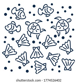 Doodle underwater world. Hand drawn pattern. Fish, turtles, shells and seaweed on a white background.