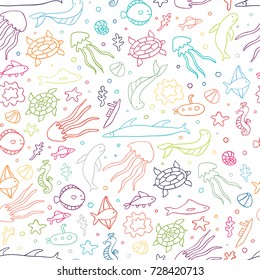 Doodle underwater world seamless pattern. Cute hand drawn outline color background.