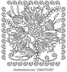 Doodle of the underwater world . Square background Fish and plants. Coloring book page for adult. Monochrome. Aquariums. Marine vector motif .