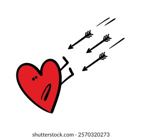 Doodle unfortunate victim of love defends himself from the attack. vector illustration of a heart running away from Cupid  flying arrows in the sky. Funny hand drawn character on white background.