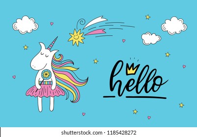 Doodle unicorn greeting card with Hello Lettering. Vector illustration.