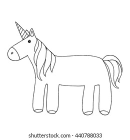 Doodle unicorn. Hand drawn vector stock illustration. Black and white whiteboard drawing