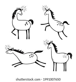 Doodle unicorn set. Hand drawn sketch style. Vector illustration.