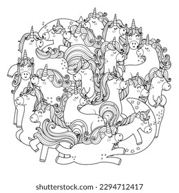 Doodle unicorns circle shape coloring page. Cute mandala with funny fairy tale characters for coloring book. Outline background. Vector illustration