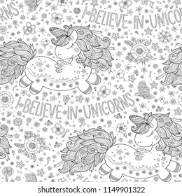 Doodle unicorns seamless pattern. Black and white fantasy background. Great for coloring book, wrapping, printing, fabric and textile. 
