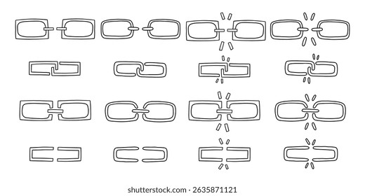 Desenlace o conjunto de ícones de desvinculação. Fraca desconexão de contorno quebrado intervalo desvincular coleção. Ilustração vetorial