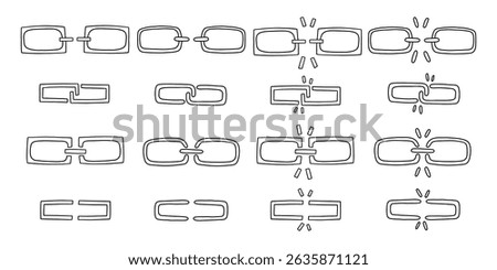 Doodle unlink icon set. Weak disconnect outline broken gap unlink collection. Vector illustration