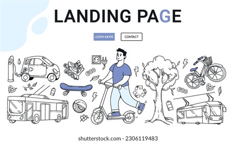 Doodle urban eco transport landing page. Young man on scooter hand drawing vector Illustration. Electric car, bicycle, skateboard, roller skates, monowheel, public bus and tram sketch set.