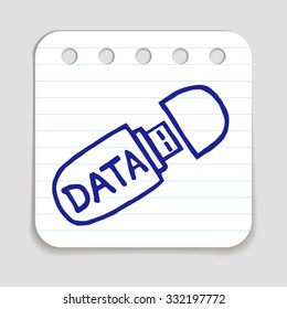 Doodle USB memory stick icon. Blue pen hand drawn infographic symbol on a notepaper piece. Line art style graphic design element. Web button with shadow. Saving files, data security, portable concept.