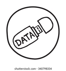 Doodle USB memory stick icon. Infographic symbol in a circle. Line art style graphic design element. Web button. Saving files, data security, portable concept.