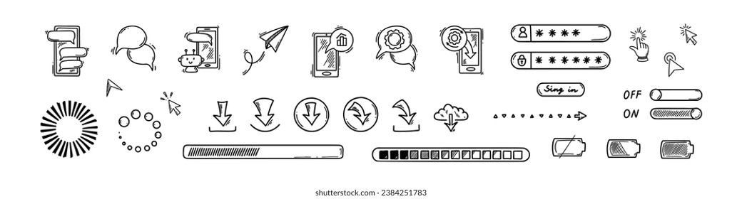 Doodle using smartphone design elements. Password verification, notifications on, battery charger indicator, loading bar, download icons. Robot chatbot and artificial intelligence skech illustration svg