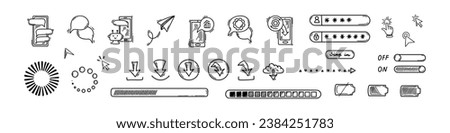 Doodle using smartphone design elements. Password verification, notifications on, battery charger indicator, loading bar, download icons. Robot chatbot and artificial intelligence skech illustration