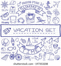Doodle vacation icons set, hand drawn with blue pen on paper. Vector illustration.