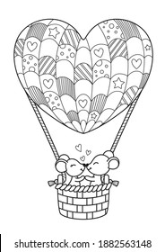 Doodle valentine coloring book page Loving mice in a heart-shaped hot air balloon. Stock vector illustration