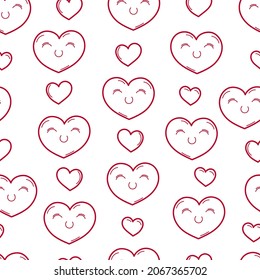 Doodle valentine day seamless pattern. Cartoon Valentine heart line art. Love heart postcard. Stock vector illustration isolated on white background.