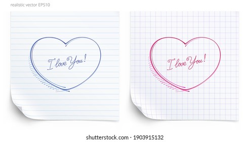 Doodle Valentine heart   handwritten text 'I love You' the square paper stickers  Ballpoint pen drawing  Blue   red handdrawn hearts  Vector secret note the piece school notebook 