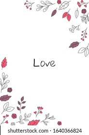 Doodle valentine leaves and flowers frame vector on white background for decoration on Valentine's day and weeding events.