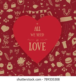 Doodle Valentine poster with hand drawn lettering and graphic elements. Vector greeting card on red background