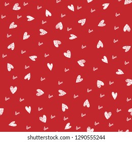 Doodle Valentines Day background seamless pattern with cute hearts and word love. Vector illustration.