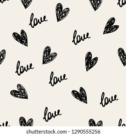 Doodle Valentines Day background seamless pattern with cute hearts and word love. Vector illustration.