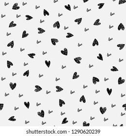Doodle Valentines Day background seamless pattern with cute hearts and word love. Vector illustration.