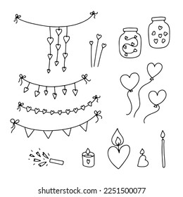 Doodle Valentines Day decoration set. Hand-drawn garlands, balloons, candles, jars with red hearts. Festive cozy home decor. Outline Love, feelings cute symbol. Vector festive romantic illustration