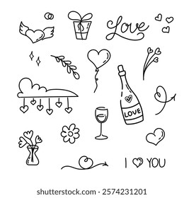 Doodle Valentines Day element collection Set of cute hand drawn love elements 