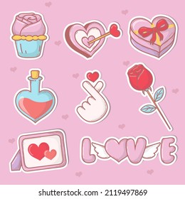 Doodle Valentine's day elements collection. sticker, greeting card, postcard. doodle style with pink background