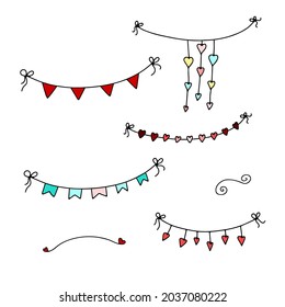 Doodle Valentines Day Garlands set. Hand-drawn festoon isolated on white background. Color festive decoration with hearts, flags, ribbons, bows. Vector illustration for a holiday, birthday, wedding