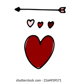 Doodle Valentines Day heart. Hand-drawn red, pink love symbol isolated on white background. Cute line greeting card Heart with arrow. February 14, wedding, feelings sign. Vector Valentine illustration