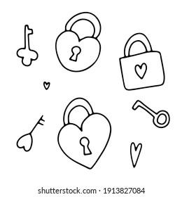 Doodle Valentine's Day hearts padlock set. Hand drawn outline love symbol on white background. Cute greeting hearts lock, key image. February 14, wedding, marry me sign. Vector Valentines illustration