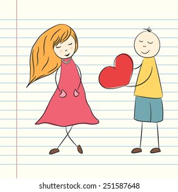 Doodle Valentine's day illustration with boy and girl. Vector hand drawn 