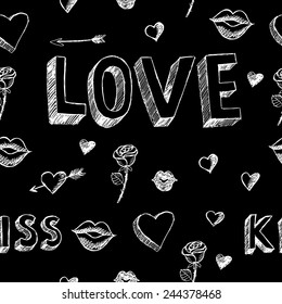 Doodle Valentine's day pattern on chalk board. Black and white. Wrapping paper, wallpaper, fabric, etc. Hand drawn vector illustration.