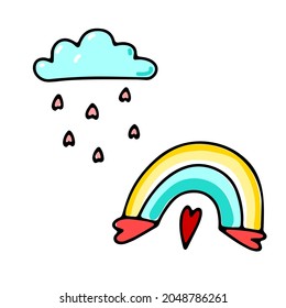 Doodle Valentines Day Rainbow, cloud with hearts. Hand-drawn cute love symbols isolated on white background. Color kawaii print. Romantic heart-shaped weather signs. Vector concept sketch illustration