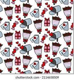Doodle Valentine's Day Romantic vector seamless pattern.