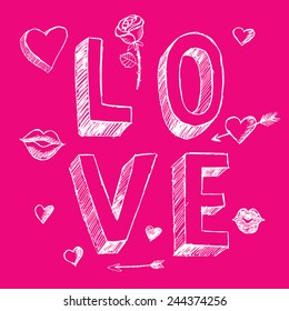 Doodle Valentine's day scrapbook elements. Love sketch 3d lettering, hearts, lips, arrows, rose. Hand drawn. Vector illustration. 