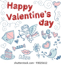 Doodle Valentine's day scrapbook love postcard with hand drawn sketches