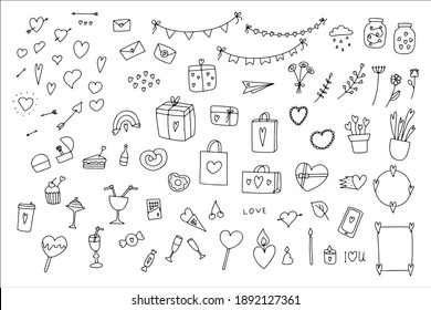 Doodle Valentine's Day set. Hand drawn love symbol isolated on white background. Cute gifts, flowers, jars, flags, letter, sweets with hearts. Feelings signs collection. Vector festive illustration