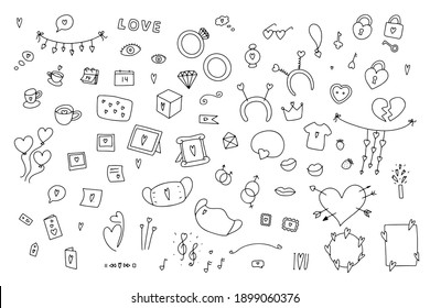 Doodle Valentine's Day set. Hand drawn love symbol isolated on white background. Balloons, ring, frames, decorations, locks, coffee with hearts. Feelings signs collection. Vector festive illustration