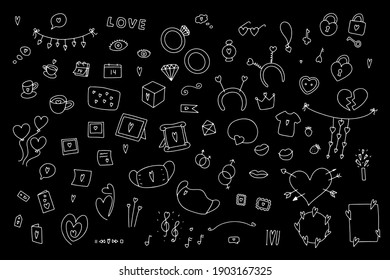 Doodle Valentine's Day set. Hand drawn white love symbol on black background. Balloons, ring, frames, decorations, locks, coffee with hearts. Feelings signs collection. Vector festive illustration