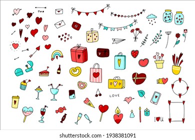 Doodle Valentines Day set. Hand drawn love symbol isolated on white background. Cute gifts, flowers, jars, flags, letter, sweets with hearts. Feelings signs collection. Vector festive illustration
