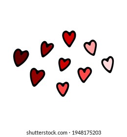 Doodle Valentines Day sticker. Hand drawn red love symbols isolated on white background. Cute pink greeting card, hearts print. February 14, wedding, marry me sign. Vector Valentines illustration