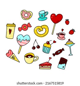 Doodle Valentines Day sweets, coffee set. Hand-drawn desserts with cute hearts. Color festive candy, cake, drinks, berries, ice cream, donut, chocolate. Lollipop signs. Vector love food illustration