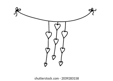 Doodle Valentines Day thread Garland. Hand-drawn festoon isolated on white background. Outline festive decoration with hearts, ribbons, bows. Vector love illustration for a holiday, birthday, wedding