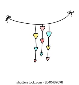 Doodle Valentines Day thread Garland. Hand-drawn festoon isolated on white background. Color festive decoration with hearts, ribbons, bows. Vector love illustration for a holiday, birthday, wedding