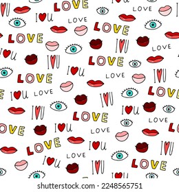 Doodle Valentines Day, Wedding seamless pattern. Romantic lettering I Love you, eyes, lips with red hearts card. Hand-drawn text, kiss, amour symbol on white background. Vector feelings illustration