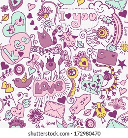 Doodle Valentine's elements. Vector seamless pattern with cartoon animals.